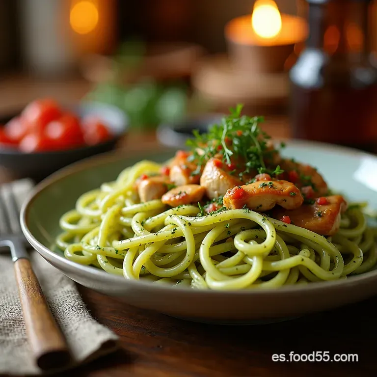 Pasta Al Pesto Cremoso Con Pollo Cena Lista En Un Abrir Y Cerrar De Ojos presentation