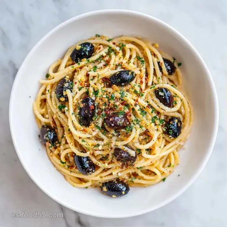 Pasta enrollada cuidadosamente, decorada con aceitunas troceadas y hojas de perejil fresco sobre porcelana blanca limpia.