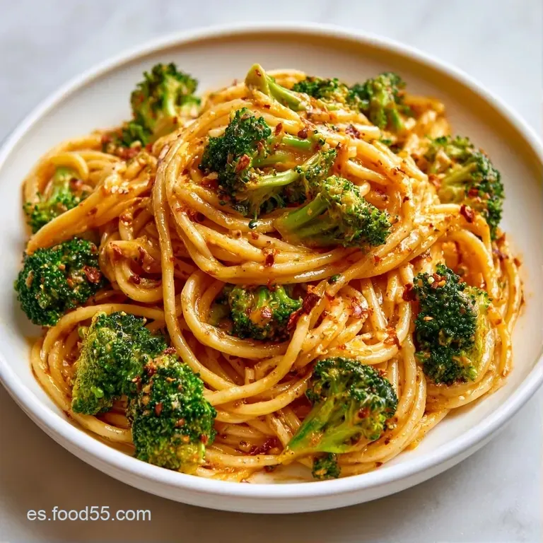 Pasta cremosa dispuesta en plato hondo, resaltando el contraste del brócoli verde intenso y escamas de pimienta negra.