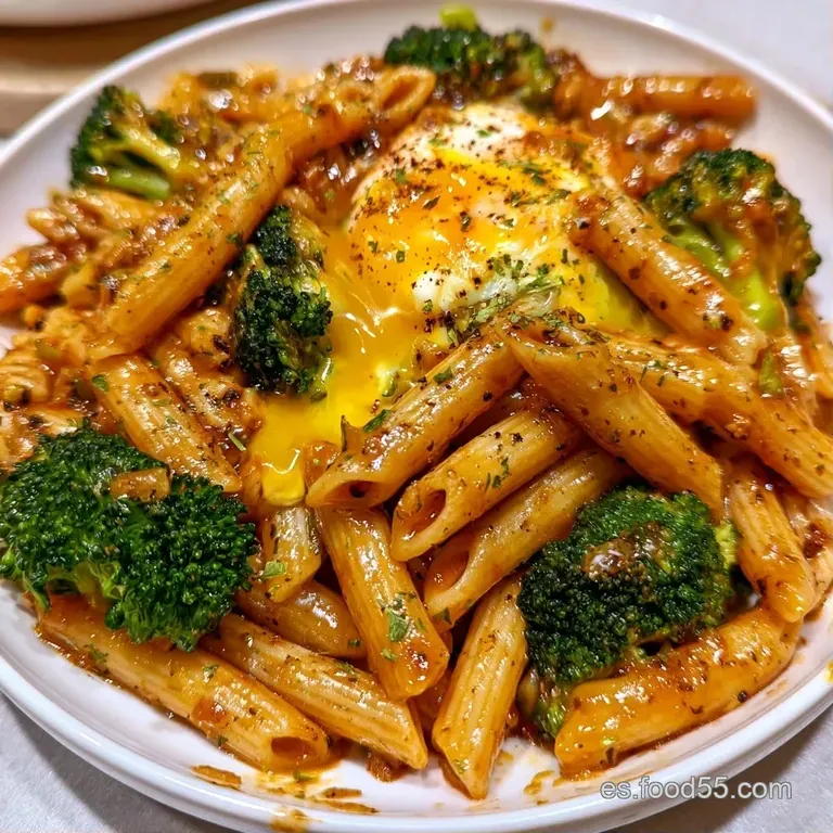 Plato blanco con pasta cremosa, ramilletes de brócoli verde vibrante y un toque de pimienta negra recién molida.