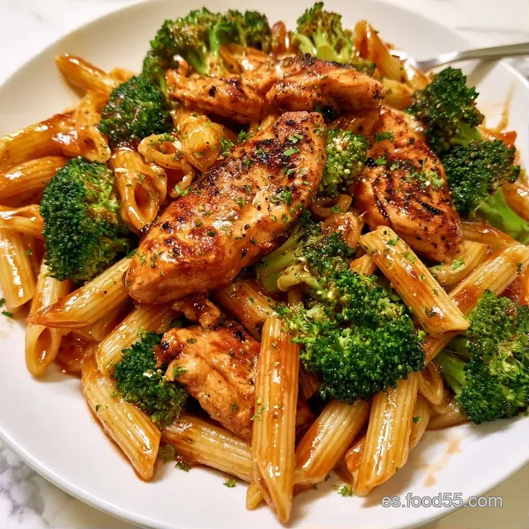 Pasta dispuesta en espiral con pollo jugoso y brócoli fresco, decorada con pimienta negra sobre un fondo neutro.