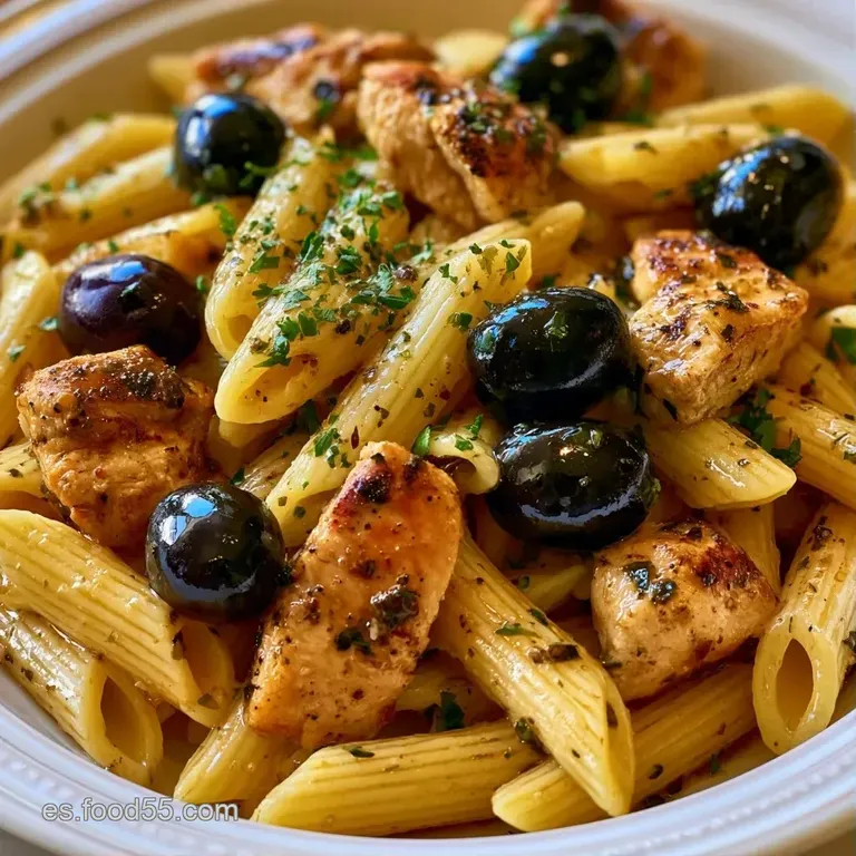 Pasta dispuesta con cuidado, trozos de pollo jugoso y aceitunas brillantes decoradas con queso rallado y hierbas verdes.