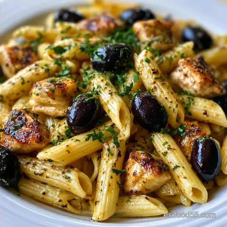Pasta Con Pollo Y Aceitunas Doradas