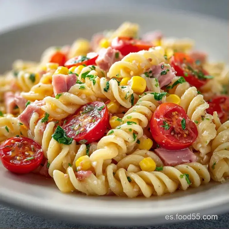 Plato de cer&aacute;mica con pasta fr&iacute;a adornada con hojas de albahaca fresca y un chorro de aceite brillante y transl&uacute;cido.