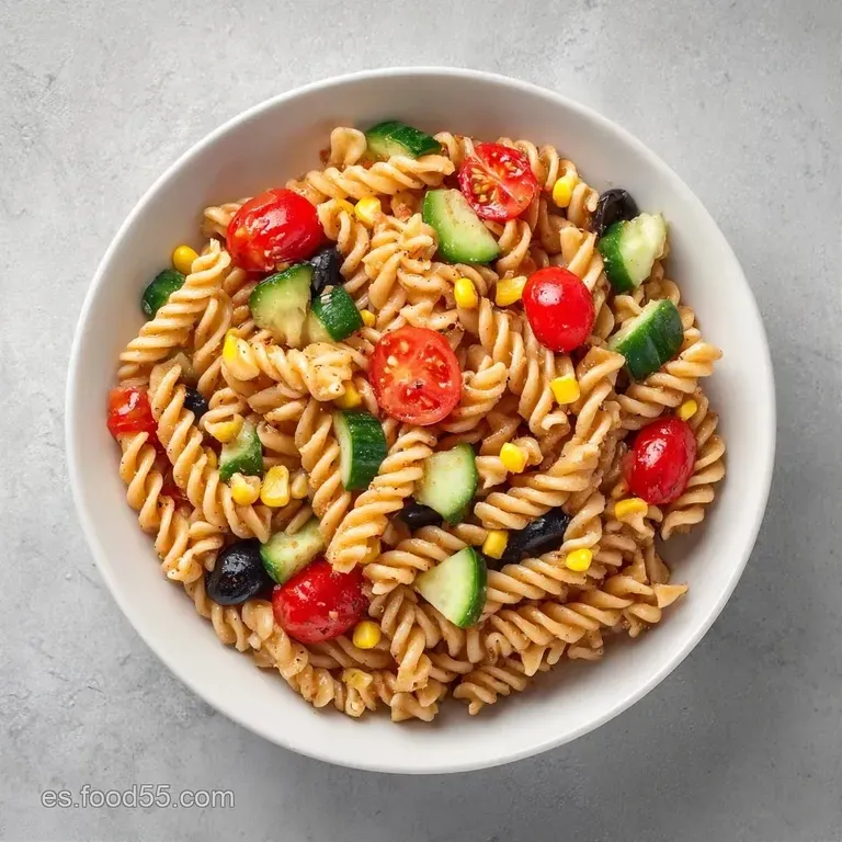 Plato blanco con pasta fr&iacute;a decorada con albahaca fresca y un brillo aceitoso sobre ingredientes coloridos y frescos.
