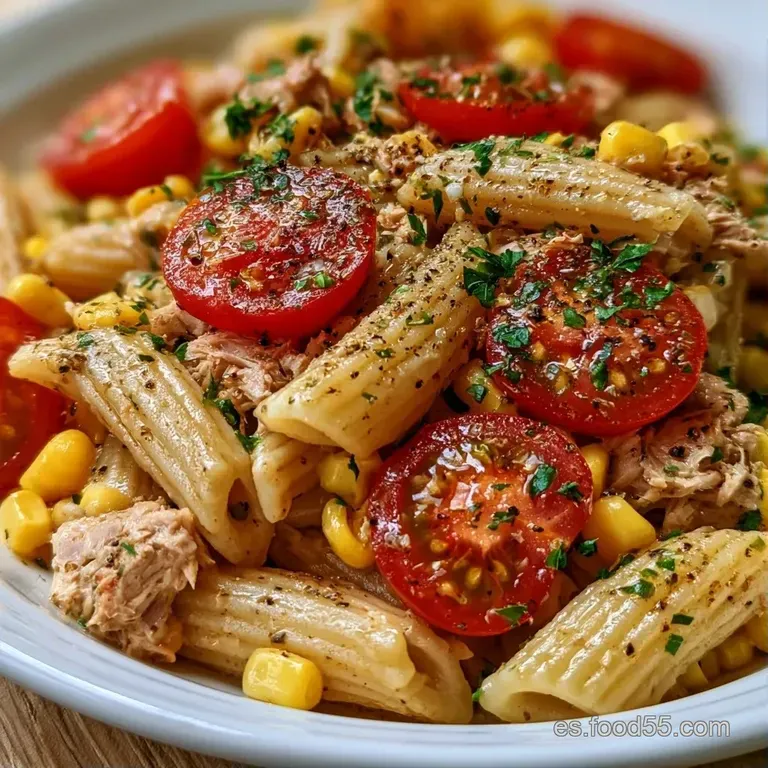 Pasta corta dispuesta en plato blanco con cubos de queso cremoso y hojas verdes frescas sobre una mesa de madera clara.