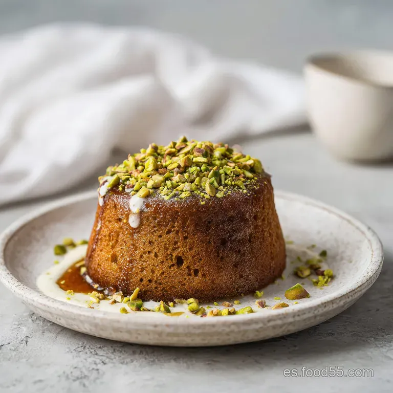 A slice of pale green pistachio cake with a fork resting beside it, on a rustic ceramic plate.
