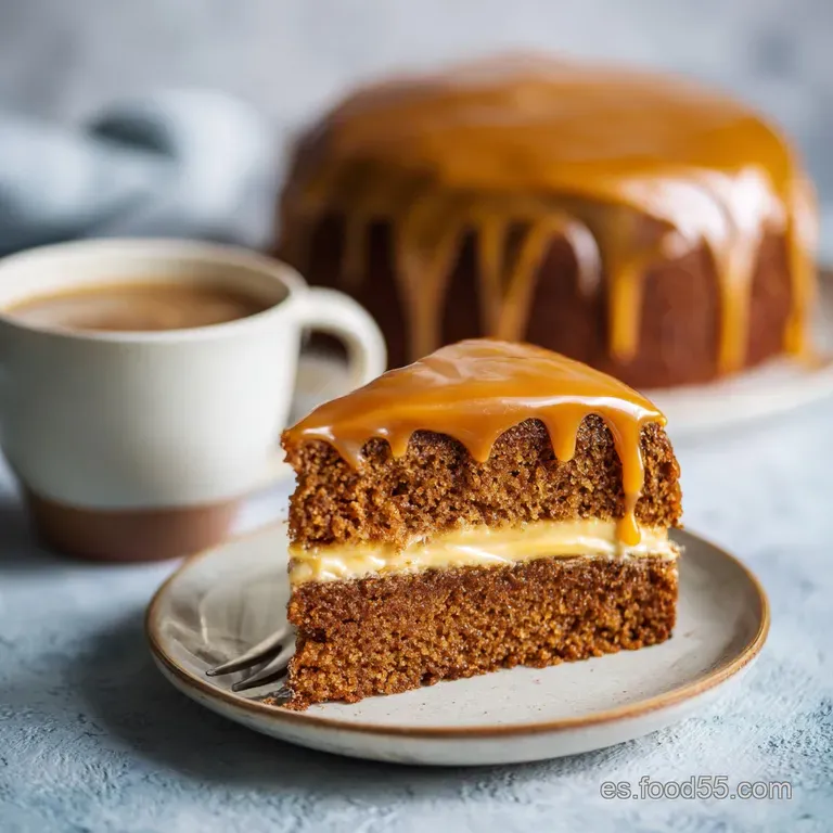 A slice of coffee caramel date cake elegantly plated, showing crumb texture and glossy glaze.