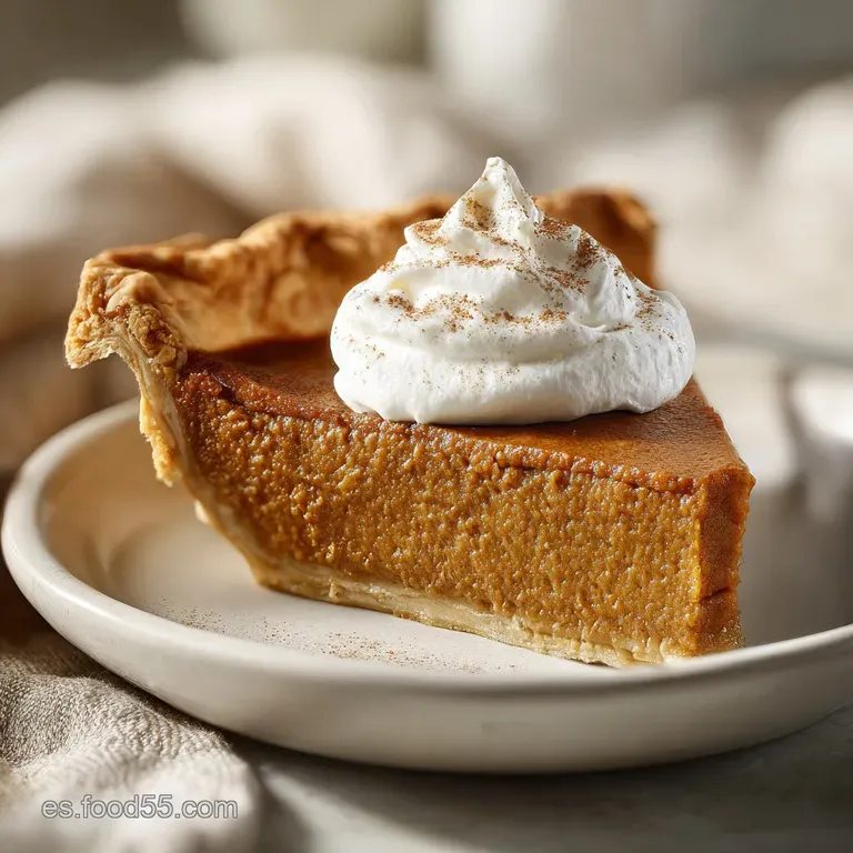 Elegant slice of pumpkin pie with a dollop of whipped cream, dusted with cinnamon, resting on a white plate.