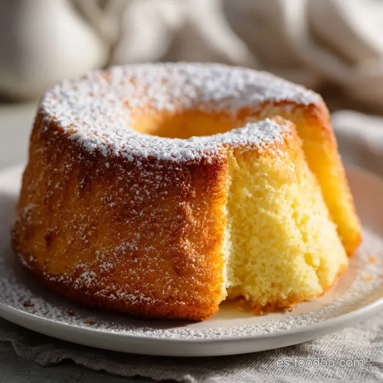 A thick slice of moist sponge cake on a white plate, hints of steam rising, with a delicate dusting of sugar.