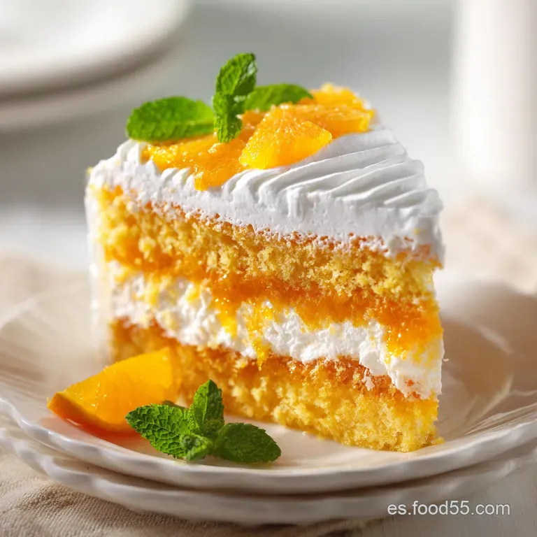 A slice of airy orange cake artfully arranged with a sprinkle of zest and a dollop of cream.