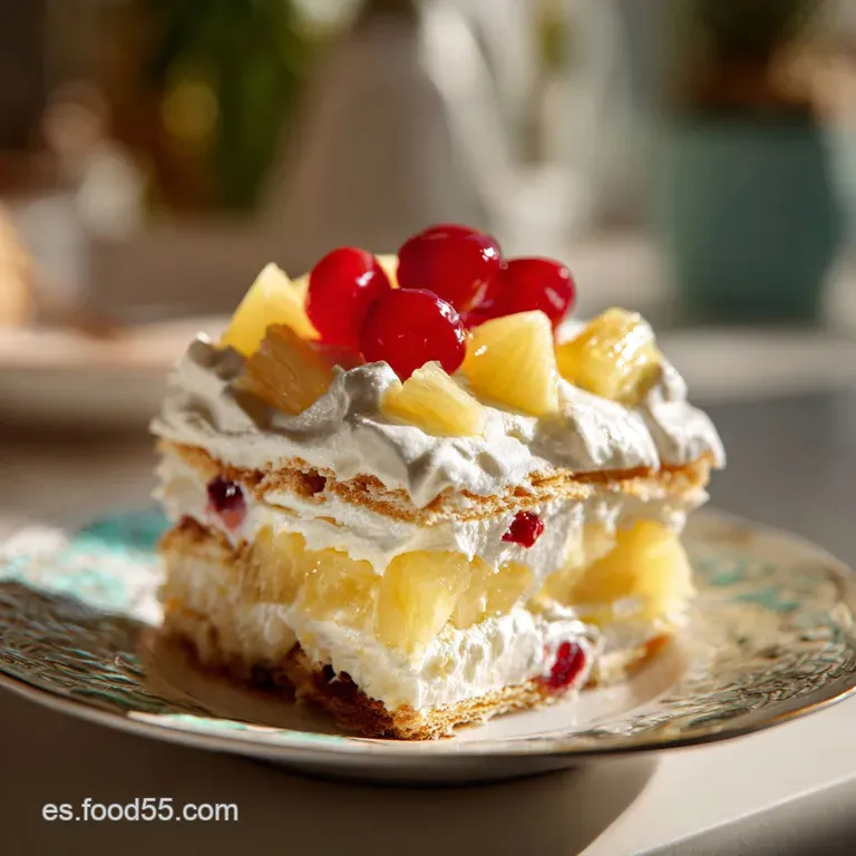 A slice of airy pineapple dessert on a white plate, garnished with a fresh mint sprig.