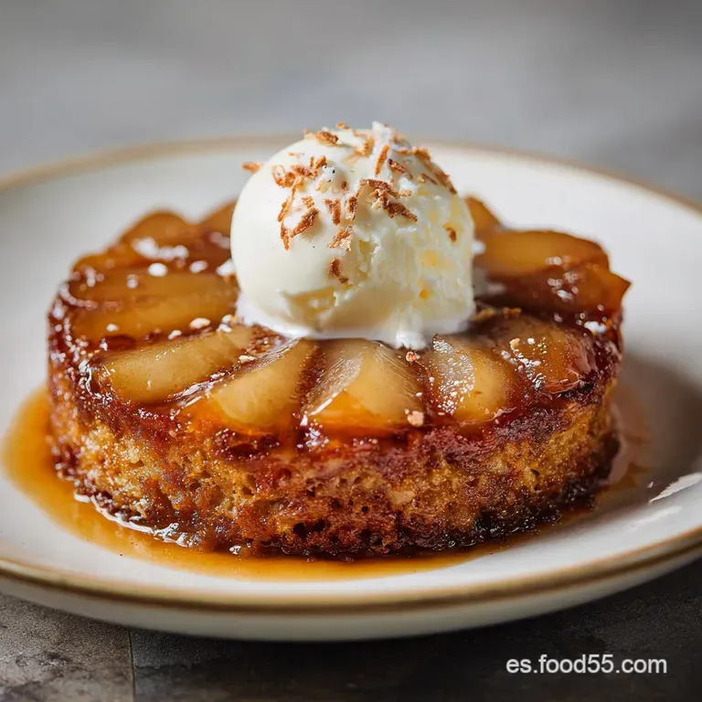 An elegant slice of spiced pear cake showcasing fluffy texture, served with a dollop of cream.