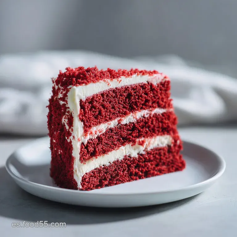 Elegant slice of red velvet cake with delicate pink frosting, berries, and a dusting of powdered sugar on a porcelain plate.