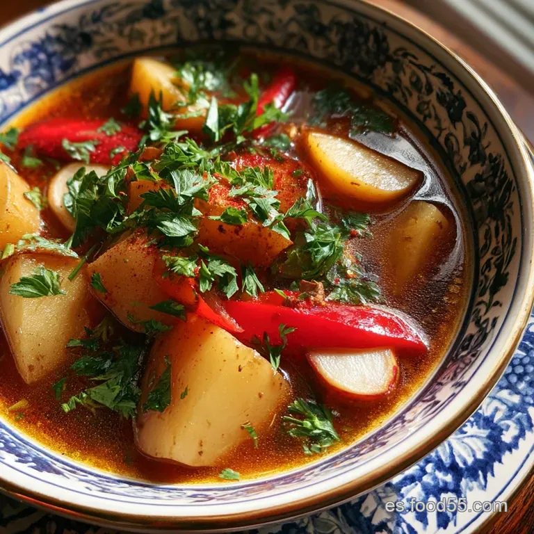A deep bowl brimming with tender potatoes in a smoky red sauce, garnished with crusty bread, hinting at warmth and savory ...