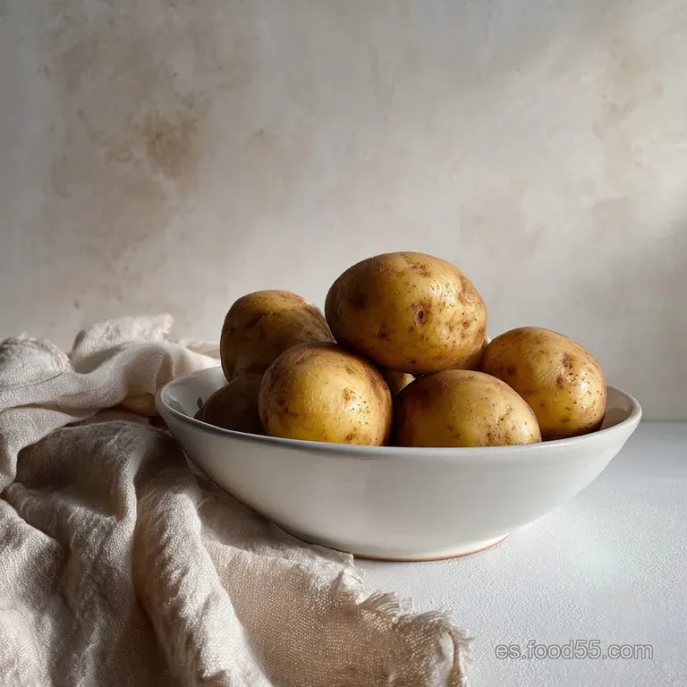 Earthy patatas a lo pobre served in a rustic bowl, the potatoes' crisp edges catching the light with scattered herbs.