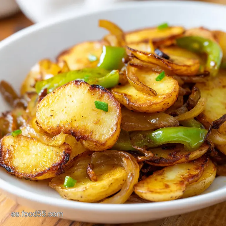 Rodajas de patata amarillas apiladas en un plato r&uacute;stico, con bordes crujientes color &aacute;mbar y un toque de hierbas verdes.