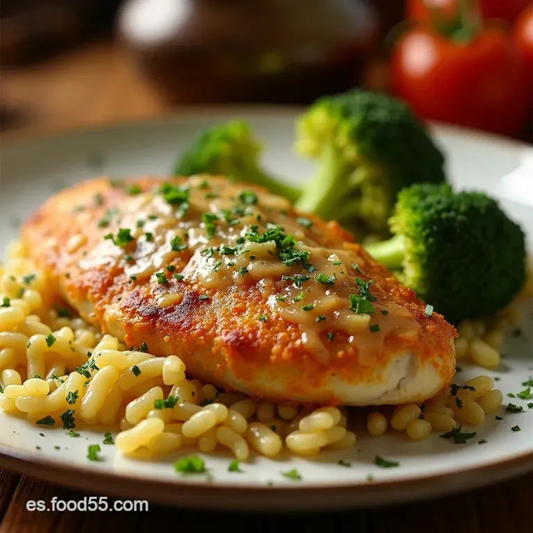 Pechuga De Pollo Crujiente a La Parmesana Y Arroz Aromatizado presentation