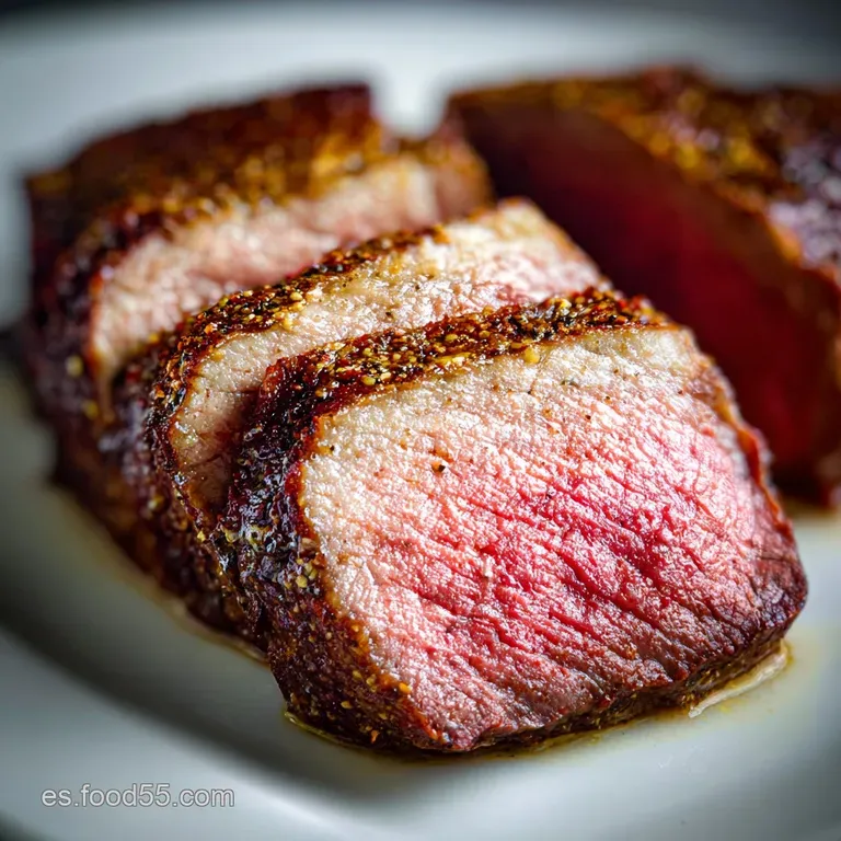 Elegant plate featuring a fan of rosy-red pica&ntilde;a slices, drizzled with glistening sauce, next to vibrant green garnish.