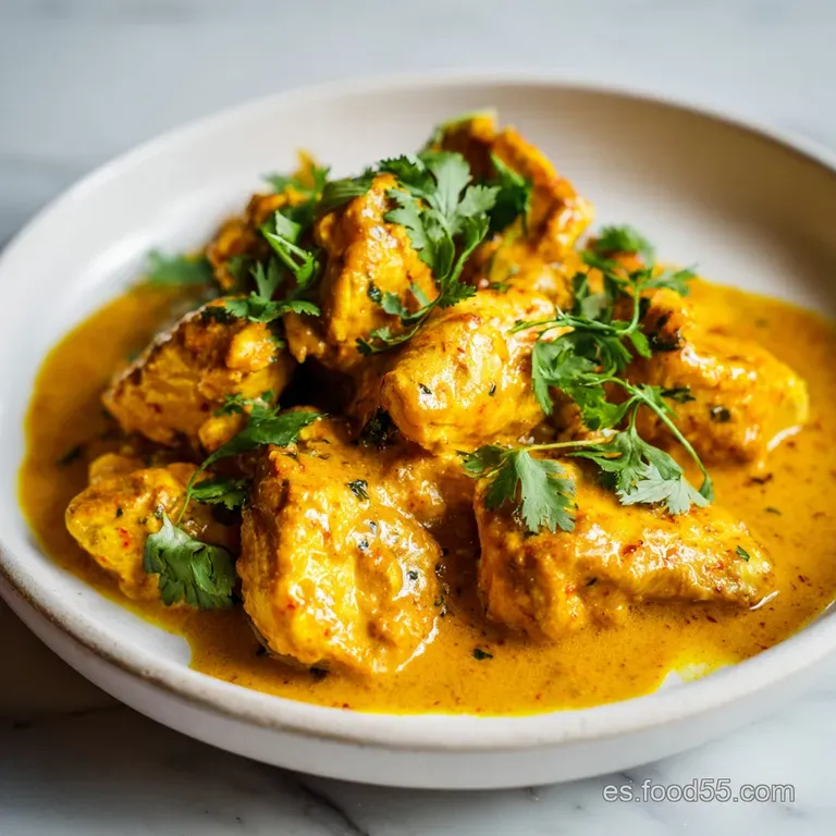 Creamy yellow chicken curry served in a white bowl, garnished with bright green cilantro, alongside steaming white rice.
