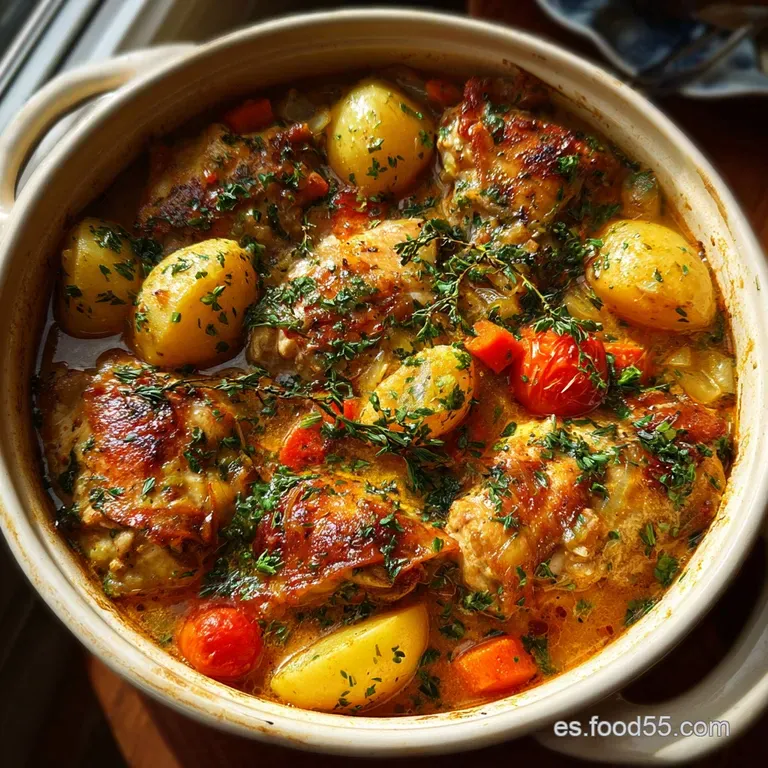 Braised chicken glistens, nestled among vibrant peppers and tender potatoes, a sprig of parsley adds fresh pop.