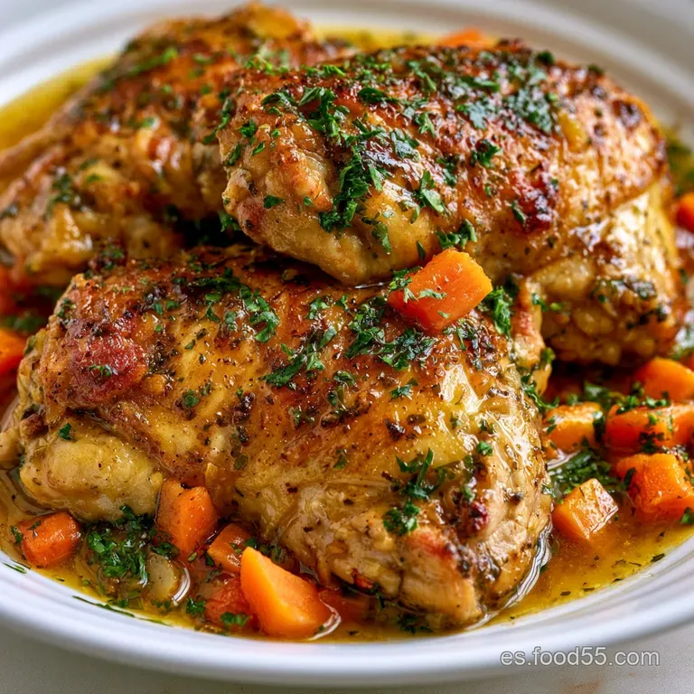 Piezas de carne jugosa sobre un plato blanco, rodeadas de una salsa cremosa de tono ocre y un toque de verde vibrante.