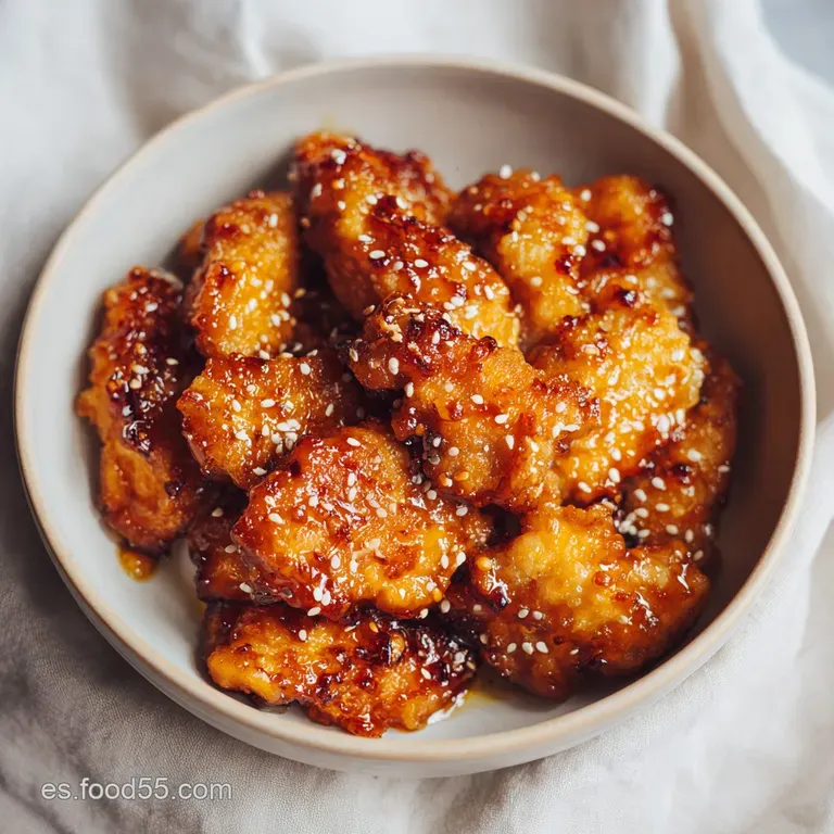 Pollo glaseado en tonos &aacute;mbar sobre un plato blanco minimalista, con rodajas finas de naranja fresca y un toque de verde.