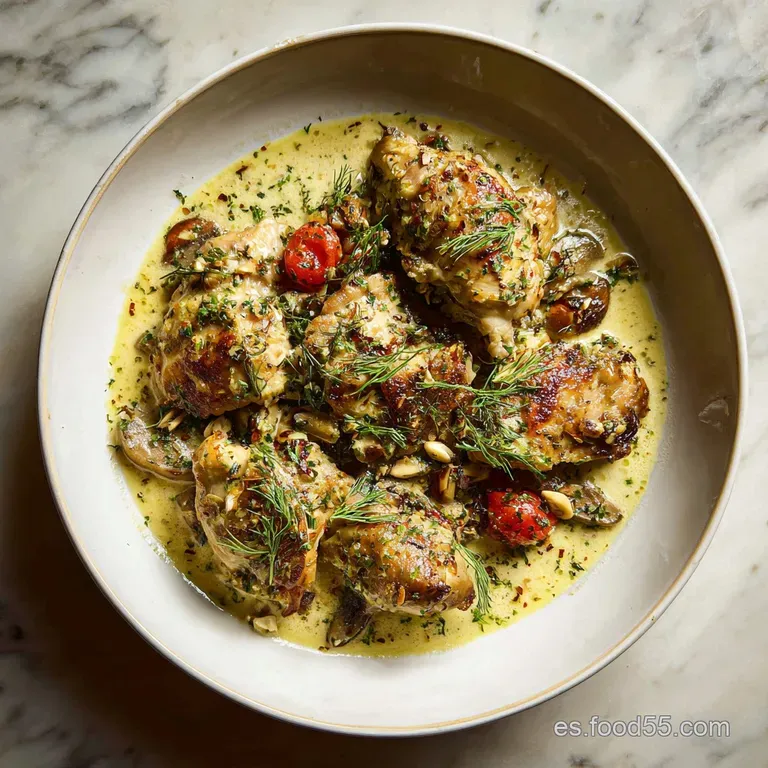 Plated chicken dish featuring tender chicken coated in a flavorful sauce, artfully arranged with rice and vibrant green he...