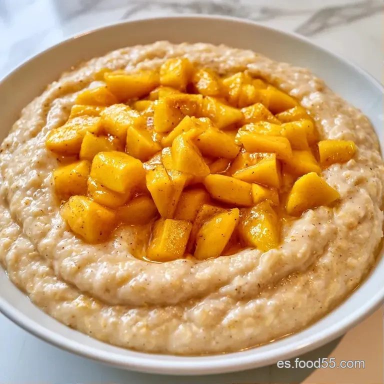 Gachas suaves en bol cerámico blanco con láminas de mango fresco dispuestas en círculo y un toque de canela espolvoreada.