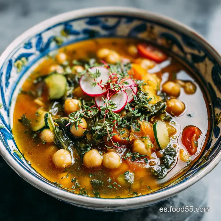 A rustic white bowl filled with a hearty chickpea stew, garnished with paprika and herbs, inviting steam rising up.