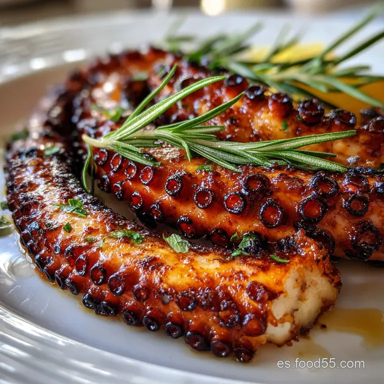 Elegant plate featuring perfectly grilled octopus with blistered skin, drizzled with bright green olive oil and sprinkled ...
