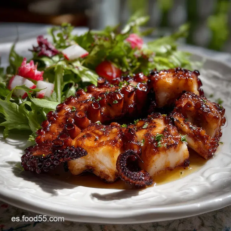 Elegant plate featuring grilled octopus, the dark purple tentacles contrasted by bright, verdant greens and a creamy, citr...