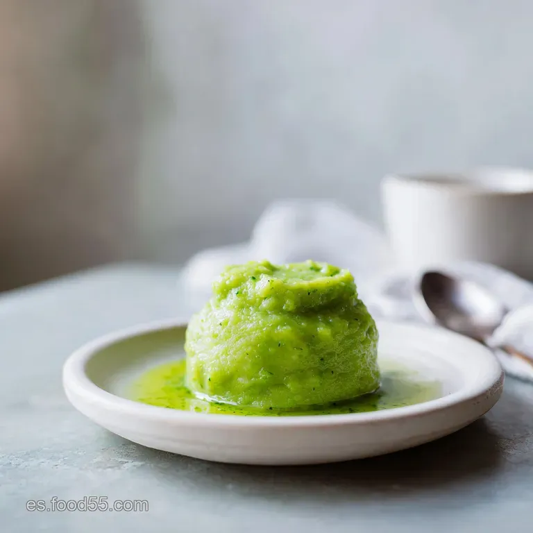 Elegant swirl of smooth, emerald green zucchini pur&eacute;e in a shallow bowl, garnished with herbs and a drizzle of oil.