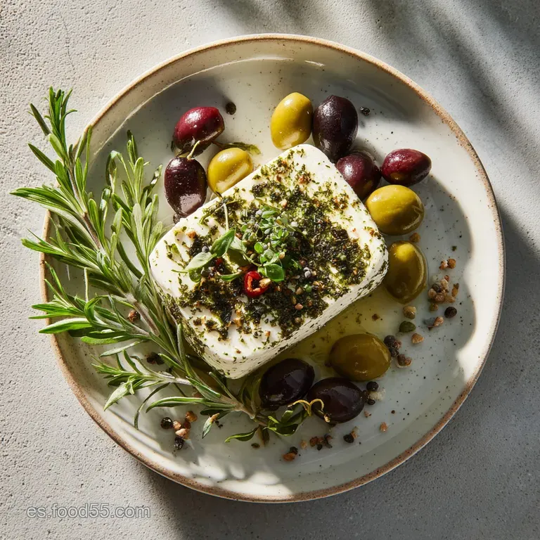 Artfully arranged marinated cheese and olives, glistening with oil and herbs, served in a small ceramic bowl.