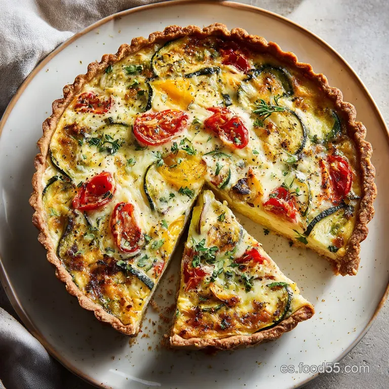 Slice of vegetable quiche with delicate, layered pastry, artfully plated with a side of fresh greens, showcasing textures ...