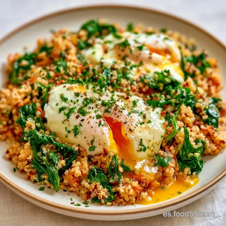 Plato blanco con quinoa esponjosa, huevo centrado y gotas de aceite brillante adornado con hojas verdes muy frescas.