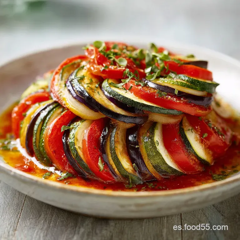 Elegant plating of ratatouille; layered colorful vegetables with a drizzle of olive oil, reflecting light, and fragrant he...