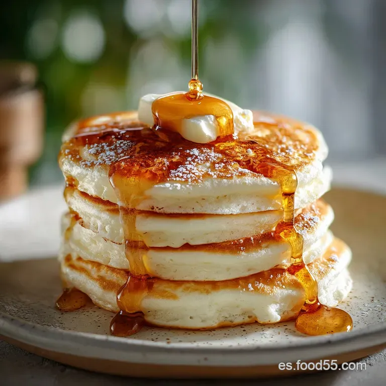 Three light and airy pancakes on a white plate, glistening syrup cascading down. Whipped cream and a sprig of mint add a f...