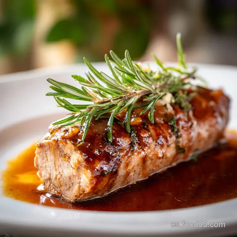 Glistening pork tenderloin slices with a savory sauce and vibrant greens artfully arranged on a white plate, invitingly li...