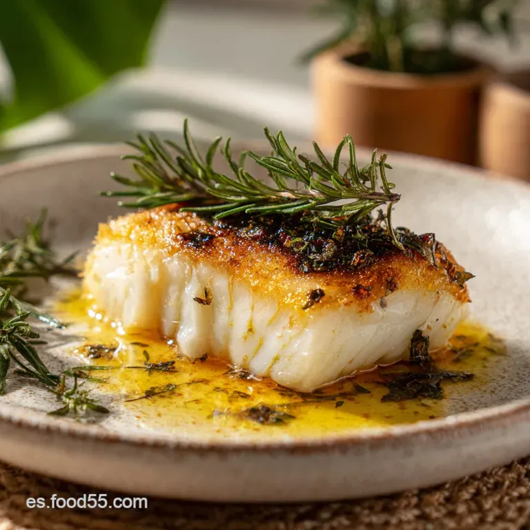 Flaky white turbot elegantly plated with roasted potatoes; a drizzle of olive oil glistens on the fish and vibrant herbs.