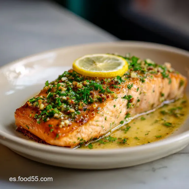 Perfectly seared salmon glistening on a white plate, drizzled with lemon-butter sauce, with bright green herbs and a lemon...
