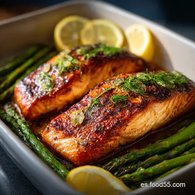 Perfectly cooked salmon fillet on a white plate, skin golden and crisp, next to bright green asparagus spears and a lemon ...
