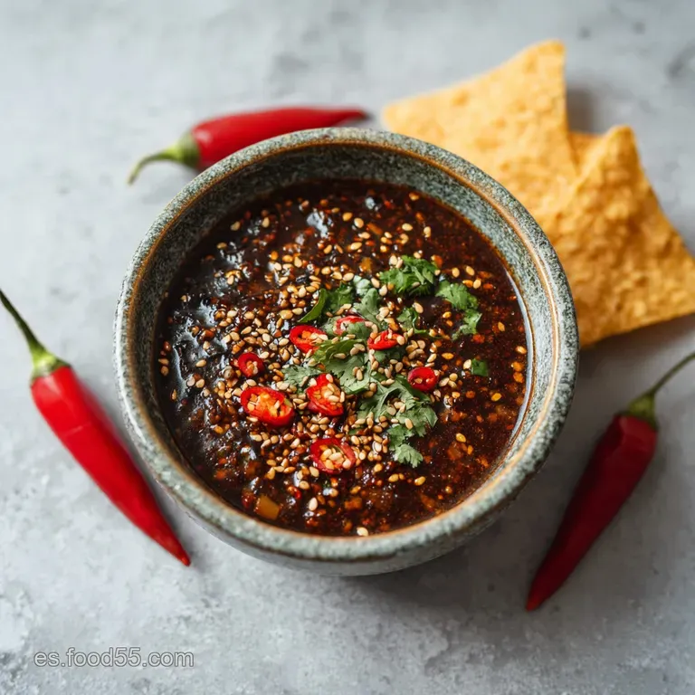 A small ceramic bowl overflowing with vibrant red chili oil, glistening sesame seeds, and tender garlic slices.