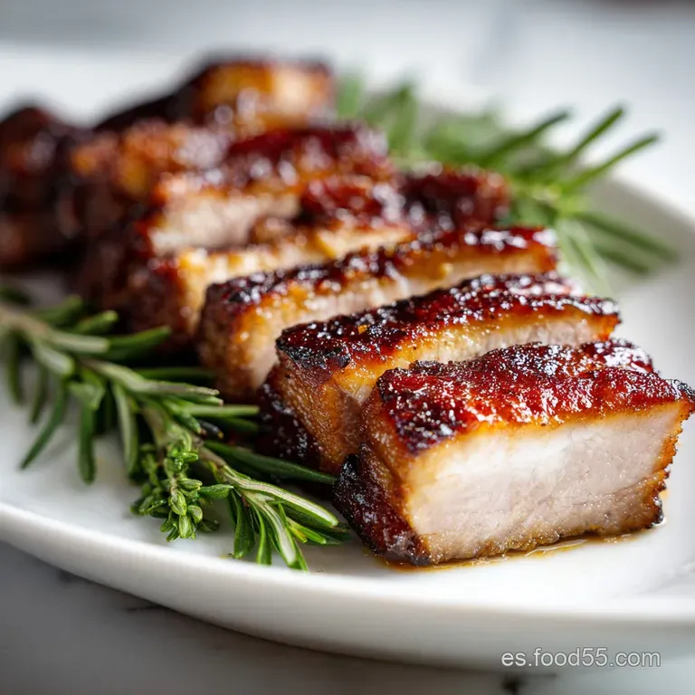 Iberico pork slices artfully arranged, showing off their rich marbling and ruby red color, garnished with fresh rosemary.