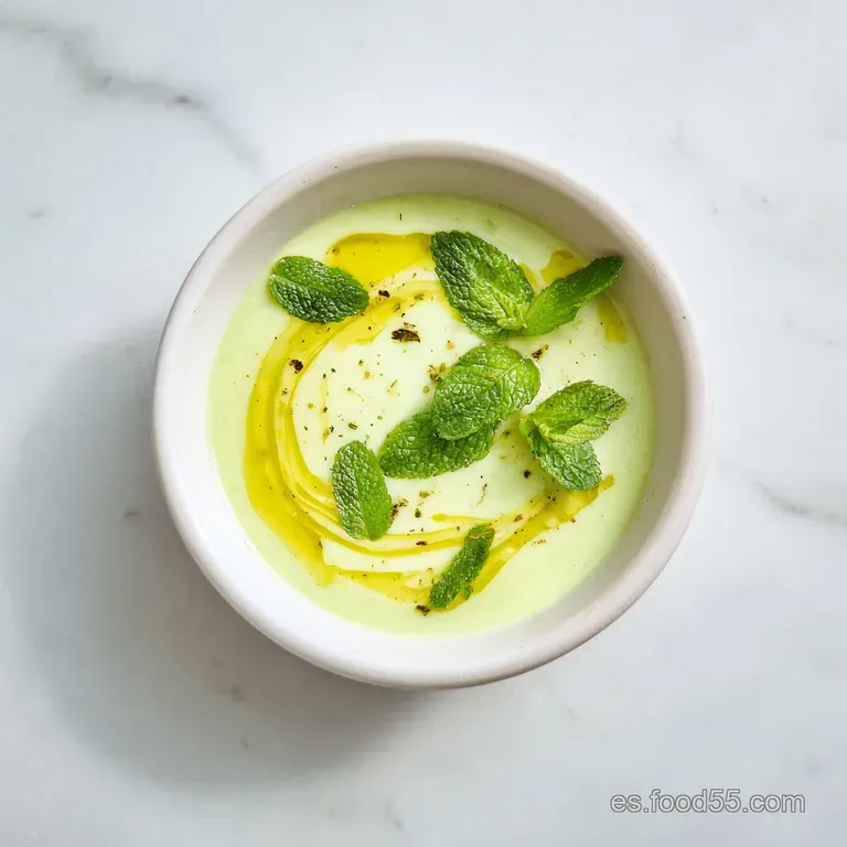 Elegante bowl con crema fr&iacute;a verde claro, adornado con l&aacute;minas transparentes de pepino y gotas de aceite brillantes.