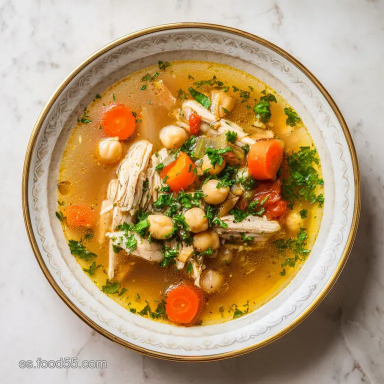 A comforting bowl of chicken and chickpea soup, glistening with flavorful broth and topped with fresh parsley.