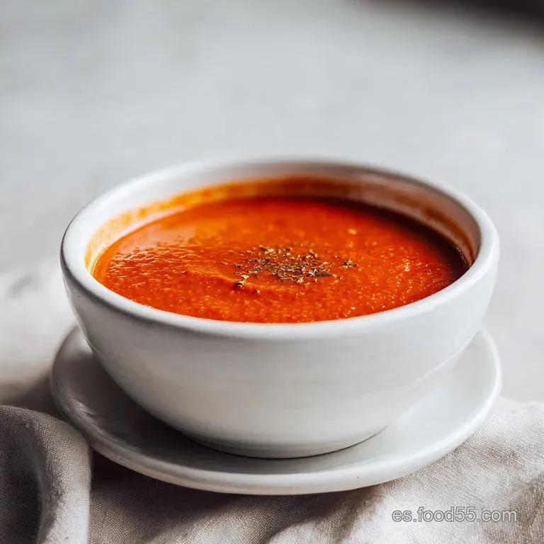 Steaming bowl of deep red tomato soup, garnished with bright green basil and a drizzle of olive oil, showcasing rustic ele...