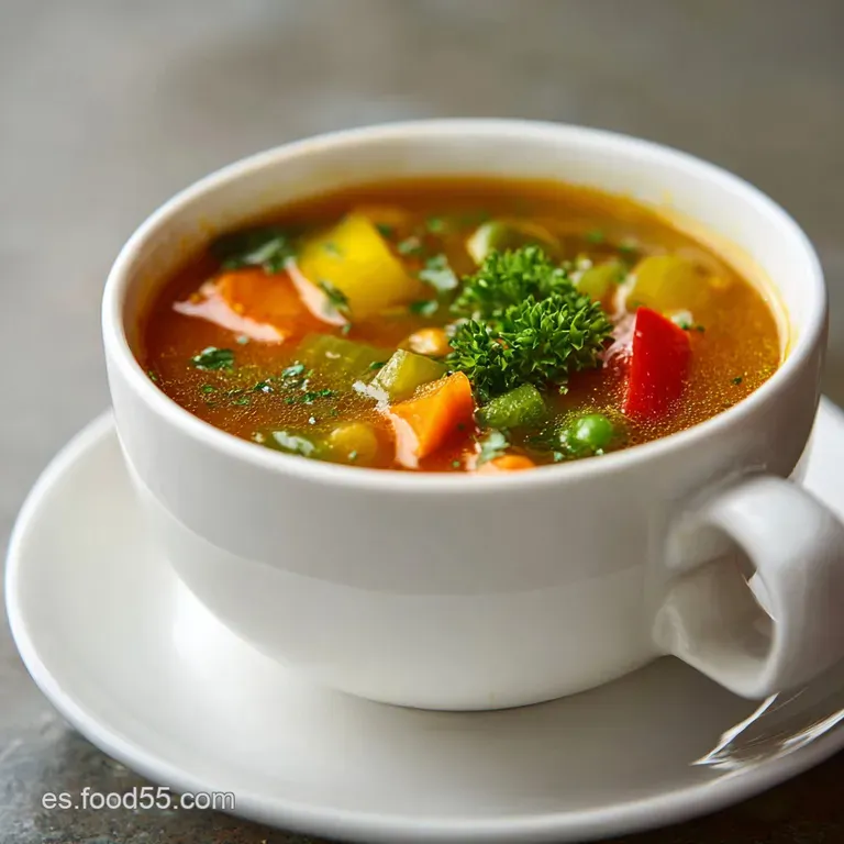 Vibrant vegetable soup served in a white bowl with a swirl of cream and a sprinkle of fresh herbs for a refined presentation.