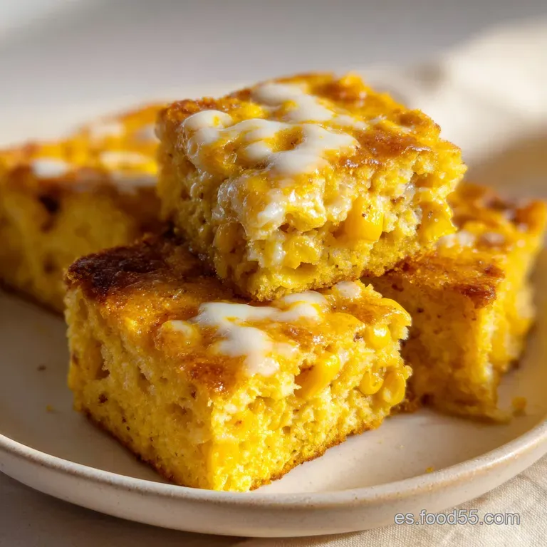 Porci&oacute;n cuadrada de pan de ma&iacute;z amarillo intenso en plato blanco, resaltando su miga aireada y bordes crujientes tostados.