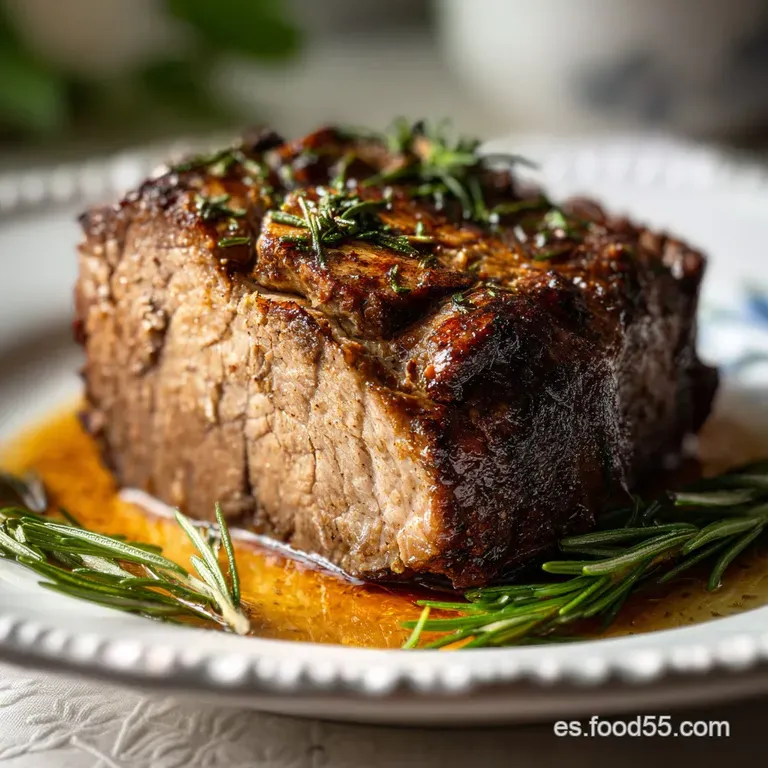 Perfectly sliced roasted beef, revealing a rosy interior. Garnished with herbs and served with roasted vegetables, elevate...